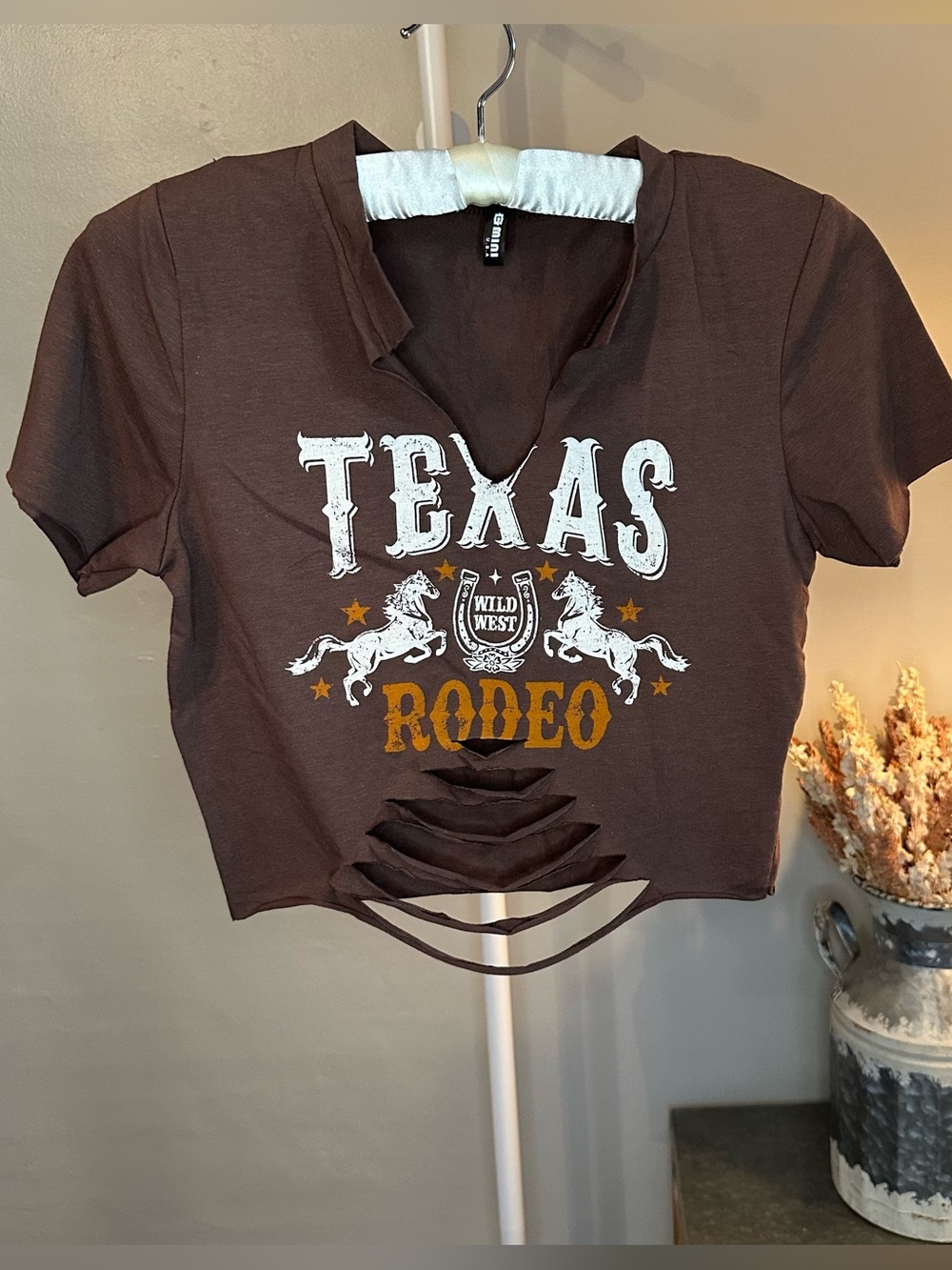 Texas Rodeo Brown Cropped Graphic Tee - Wild West Medium NWOT